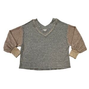 THML Women's V Neck Balloon Sleeve Top Gray Knit Pullover Blouse Size M W199